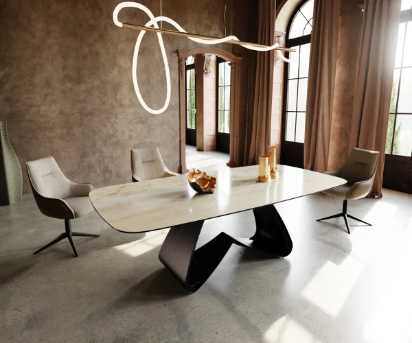 Table à manger Edge Boot 240x120 cm Céramique Iris FMG Onice Oro piètement en W Métal Noir