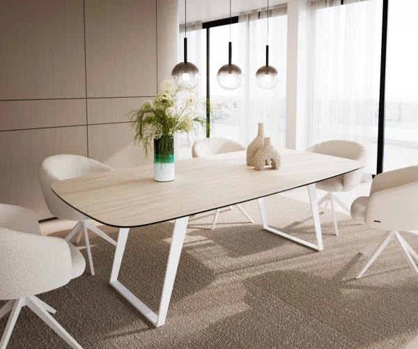 Table à manger Edge Boot 240x120 cm Céramique Travertin Naturel Métal Oblique Blanc