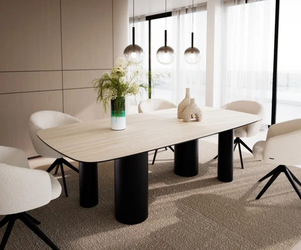 Table à manger Edge Boot 240x120 cm Céramique Travertin Naturel Pilier Métal Noir