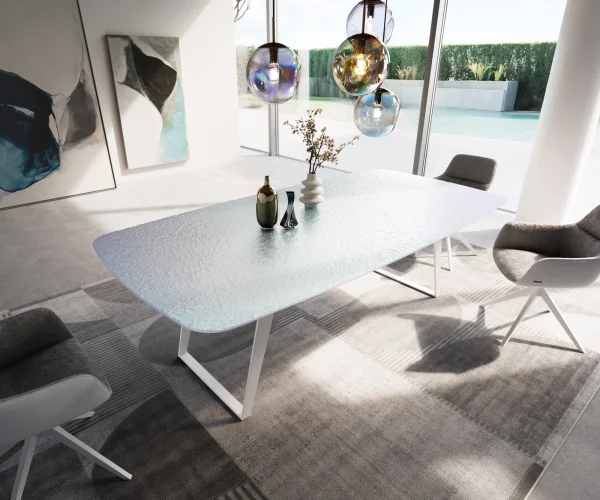 Table à manger Edge Boot 240x120 cm Reliefglas Nacre 3D-Design Métal Oblique Blanc