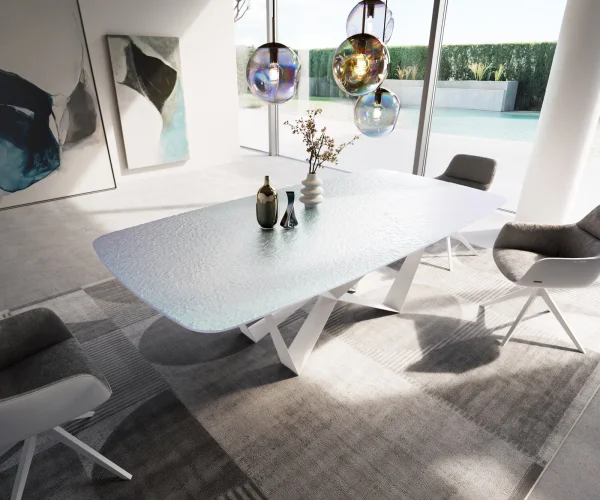 Table à manger Edge Boot 240x120 cm Reliefglas Nacre 3D-Design Spider Métal Blanc