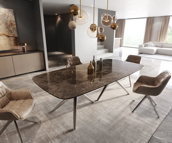 Table à manger Edge Boot 240x120 Laminam® Emperador Extra Lucidato Marron foncé Estelar rond Acier inoxydable