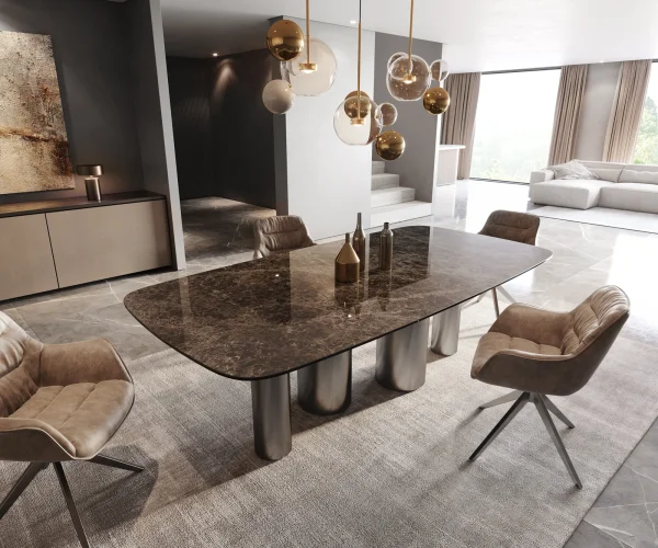 Table à manger Edge Boot 240x120 Laminam® Emperador Extra Lucidato Marron foncé Pilier Acier inoxydable Graphite