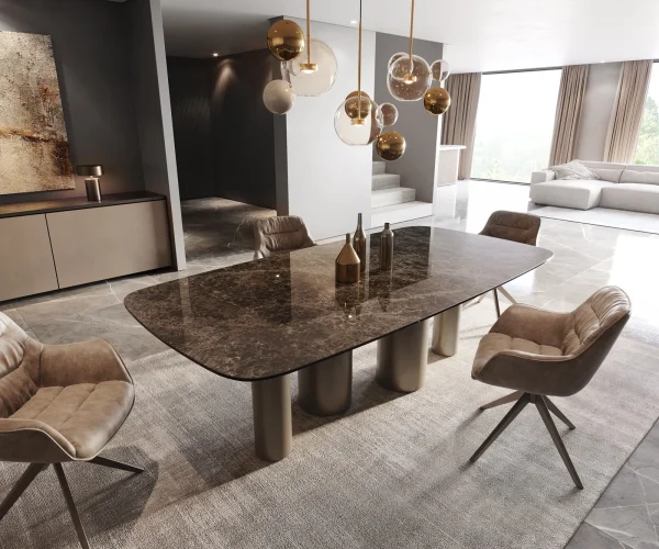 Table à manger Edge Boot 240x120 Laminam® Emperador Extra Lucidato Marron foncé Pilier Métal finition à effet Titane
