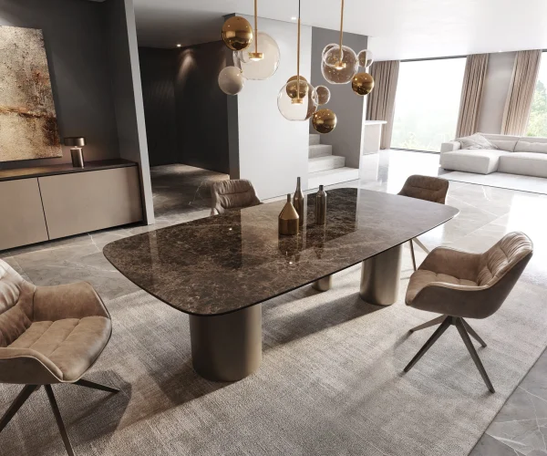 Table à manger Edge Boot 240x120 Laminam® Emperador Extra Lucidato Marron foncé Troa Métal finition à effet Titane