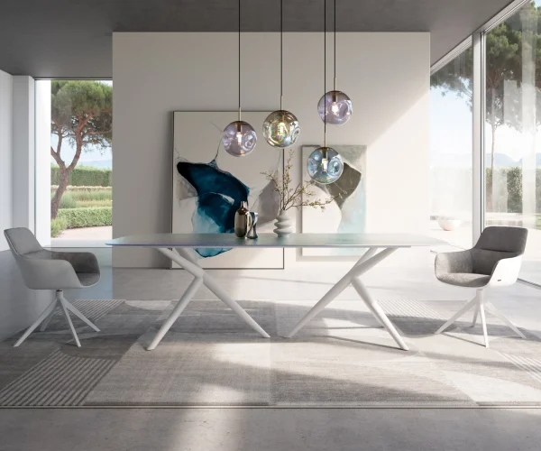 Table à manger Edge Boot 240x120 verre en relief Perlmutt 3D-Design Estelar rond métal blanc
