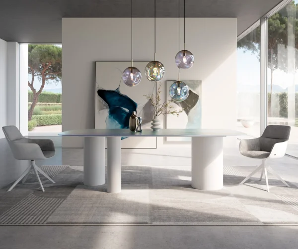 Table à manger Edge Boot 240x120 verre en relief Perlmutt 3D-Design Troa métal blanc