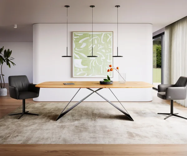 Table à manger Edge Boot 240x120x2,5-3 chêne naturee cadre en V acier plat noir bord suisse