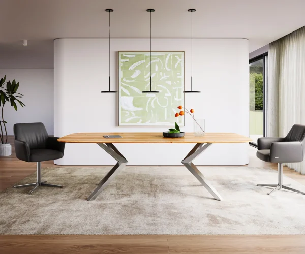 Table à manger Edge Boot 240x120x2,5-3 chêne naturee Zenthara Angulaire acier inoxydable bord suisse