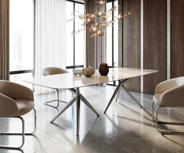 Table à manger Edge Boot 270x120 Céramique Iris FMG Onice Grigio Estelar rond Acier inoxydable