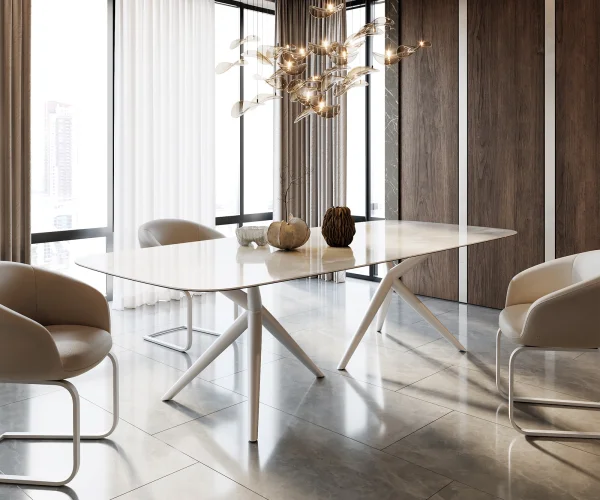 Table à manger Edge Boot 270x120 Céramique Iris FMG Onice Grigio Estelar rond Métal Blanc