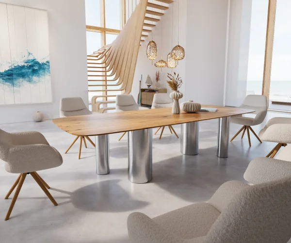 Table à manger Edge Boot 300x120 Chêne Nature Pilier Acier inoxydable brossé Bord suisse