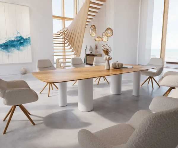 Table à manger Edge Boot 300x120 Chêne Nature Pilier Métal Blanc Bord suisse