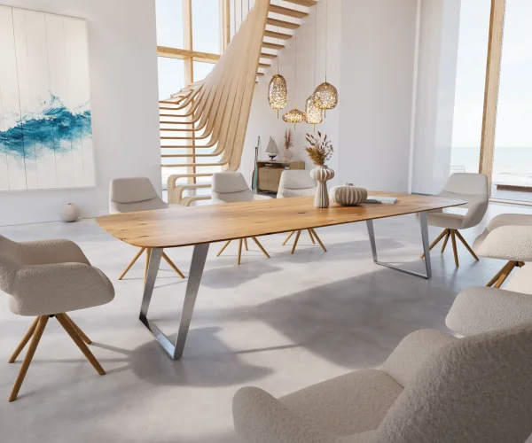 Table à manger Edge Boot 300x120x2,5-3 chêne nature acier inoxydable inclinée bord suisse