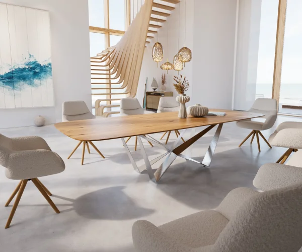 Table à manger Edge Boot 300x120x2,5-3 chêne nature Spider acier plat acier inoxydable bord suisse