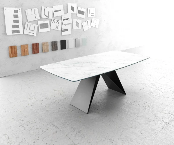 Table-à-manger Edge forme Boot 200x100cm Laminam® céramique blanc V-pieds milieu noir