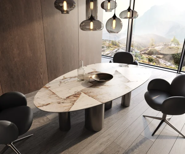 Table à manger Edge Oval 220x120 Céramique Iris FMG Patagonia Lappato Pilier Acier inoxydable Graphite