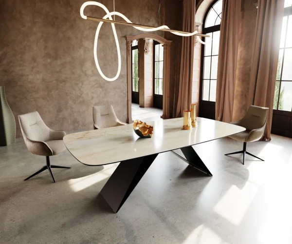 Table à manger Edge Oval 240x120 Céramique Iris FMG Onice Oro Piétement en V Acier plat noir