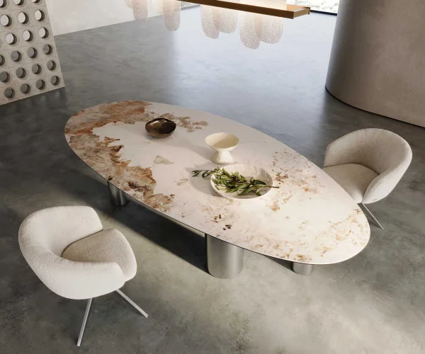 Table à manger Edge Oval 280x130 Céramique Minas Melange Blanc-Beige Pilier Acier inoxydable