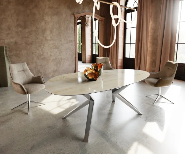 Table à manger Edge Ovale 220x120 Céramique Iris FMG Onice Oro Lucidato Nature? Zenthara anguleux Acier inoxydable