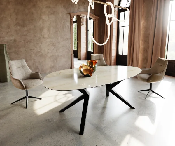 Table à manger Edge Ovale 220x120 Céramique Iris FMG Onice Oro Zenthara anguleux Métal Noir