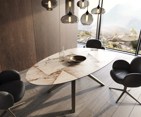 Table à manger Edge Ovale 220x120 Céramique Iris FMG Patagonia Lappato Zenthara anguleux Métal finition à effet Titane