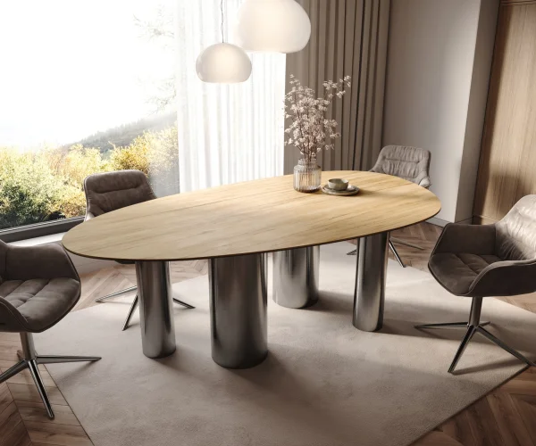 Table à manger Edge Ovale 220x120 Céramique Laminam® Sabbia Couleur chêne Pilier Acier inoxydable Graphite