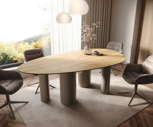 Table à manger Edge Ovale 220x120 Céramique Laminam® Sabbia Couleur chêne Pilier Métal finition à effet Titane