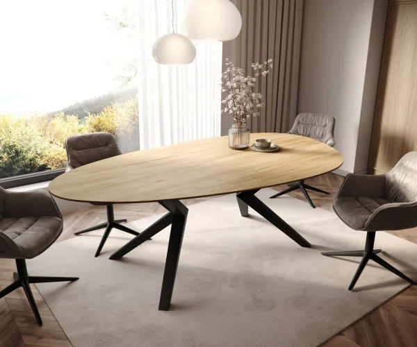 Table à manger Edge Ovale 220x120 Céramique Laminam® Sabbia Couleur chêne Zenthara anguleux Métal Noir