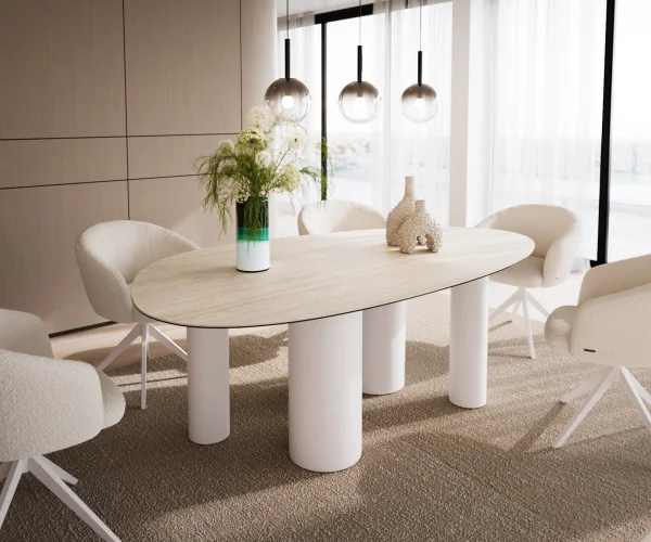 Table à manger Edge Ovale 220x120 Céramique Laminam®Travertino Bianco Crème-Blanc ?Pilier Métal Blanc