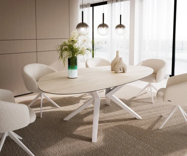 Table à manger Edge Ovale 220x120 Céramique Laminam®Travertino Bianco Crème-Blanc? Zenthara anguleux Métal Blanc