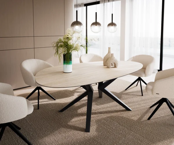 Table à manger Edge Ovale 220x120 Céramique Laminam®Travertino Bianco Crème-Blanc? Zenthara anguleux Métal Noir