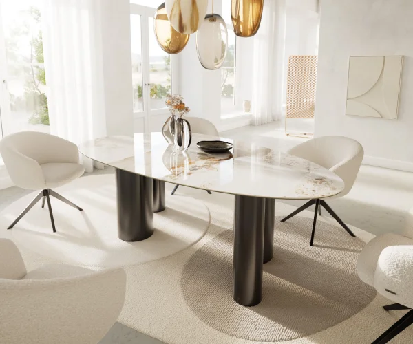 Table à manger Edge Ovale 220x120 Céramique Minas Melange Blanc-Beige Pilier Acier inoxydable Graphite