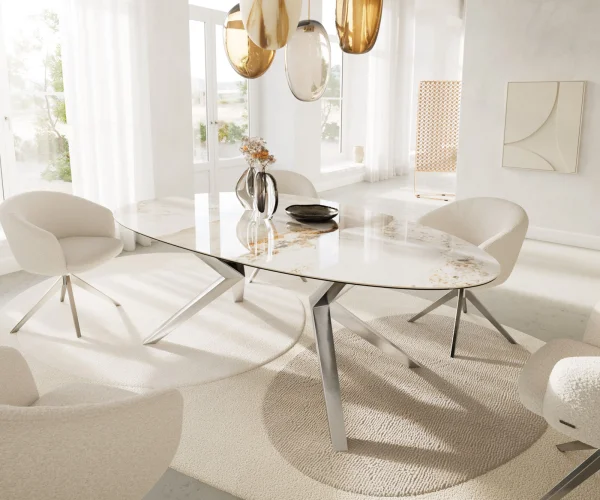 Table à manger Edge Ovale 220x120 Céramique Minas Melange Blanc-Beige Zenthara anguleux Acier inoxydable