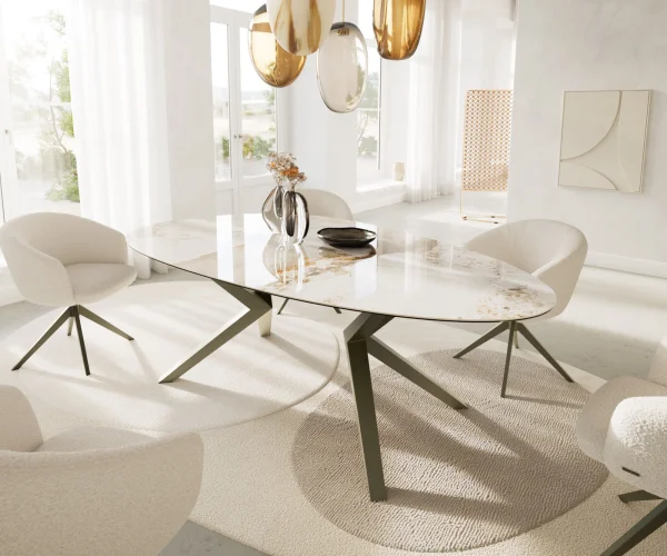 Table à manger Edge Ovale 220x120 Céramique Minas Melange Blanc-Beige Zenthara anguleux Métal finition à effet Titane