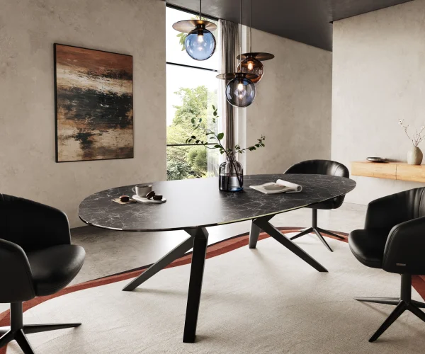 Table à manger Edge Ovale 220x120 Laminam® Céramique Nero Greco Anthracite Zenthara anguleux Métal Noir