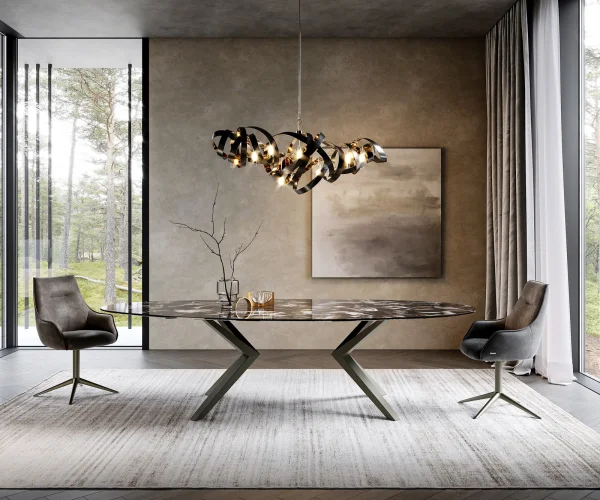 Table à manger Edge Ovale 280x130 Céramique Iris FMG Agatablack Zenthara anguleux Métal finition à effet Titane