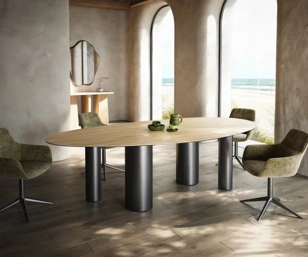 Table à manger Edge Ovale 280x130 Céramique Laminam® Sabbia Couleur chêne Pilier Acier inoxydable Graphite