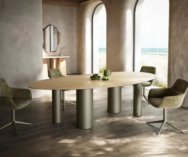 Table à manger Edge Ovale 280x130 Céramique Laminam® Sabbia Couleur chêne Pilier Métal finition à effet Titane