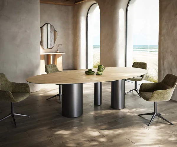 Table à manger Edge Ovale 280x130 Céramique Laminam® Sabbia Couleur chêne Troa Acier inoxydable Graphite