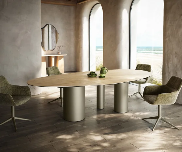 Table à manger Edge Ovale 280x130 Céramique Laminam® Sabbia Couleur chêne Troa Métal finition à effet Titane