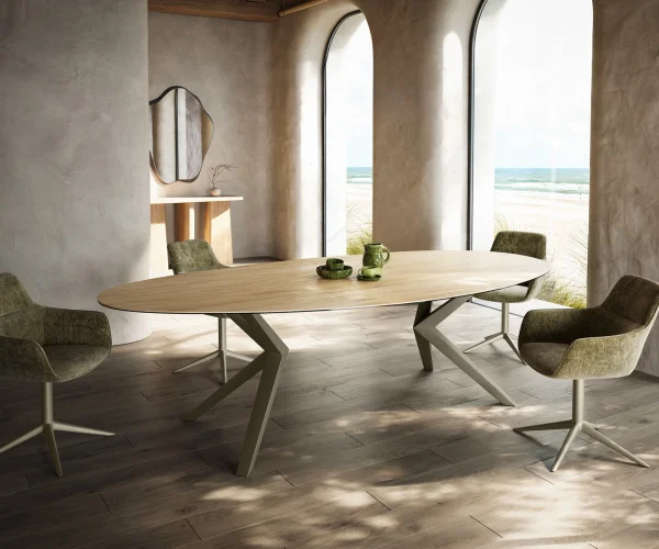 Table à manger Edge Ovale 280x130 Céramique Laminam® Sabbia Couleur chêne Zenthara anguleux Métal finition à effet Titane