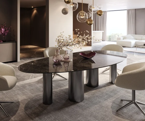 Table à manger Edge Ovale 280x130 Céramique Laminam®Emperador Extra Lucidato Marron foncé Pilier Acier inoxydable Graphite
