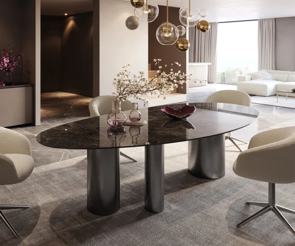 Table à manger Edge Ovale 280x130 Céramique Laminam®Emperador Extra Lucidato Marron foncé Troa Acier inoxydable Graphite