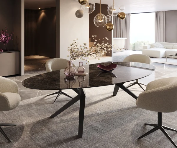 Table à manger Edge Ovale 280x130 Céramique Laminam®Emperador Extra Lucidato Marron foncé Zenthara anguleux Métal Noir