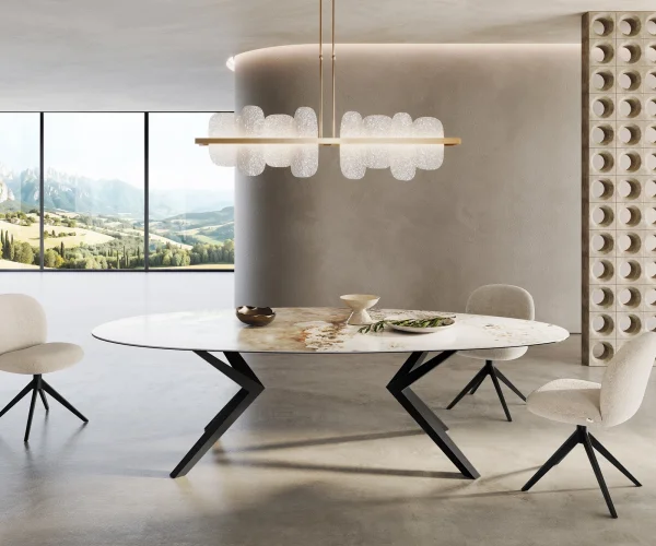 Table à manger Edge Ovale 280x130 Céramique Minas Melange Blanc-Beige Zenthara anguleux Métal Noir