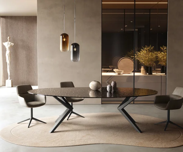Table à manger Edge Ovale 280x130 Reliefglas RauchNoir 3D-Design Zenthara anguleux Métal Noir
