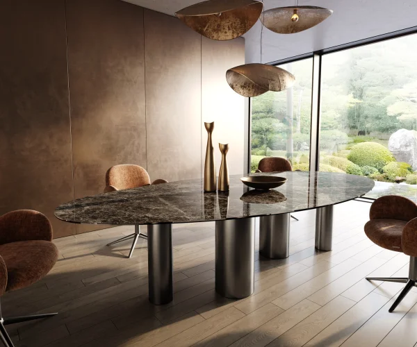 Table à manger Edge Ovale 315x150 Céramique Laminam®Emperador Extra Lucidato Marron foncé Pilier Acier inoxydable Graphite