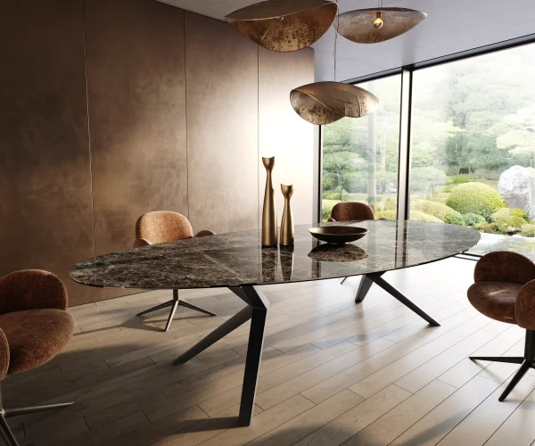 Table à manger Edge Ovale 315x150 Céramique Laminam®Emperador Extra Lucidato Marron foncé Zenthara anguleux Métal Noir