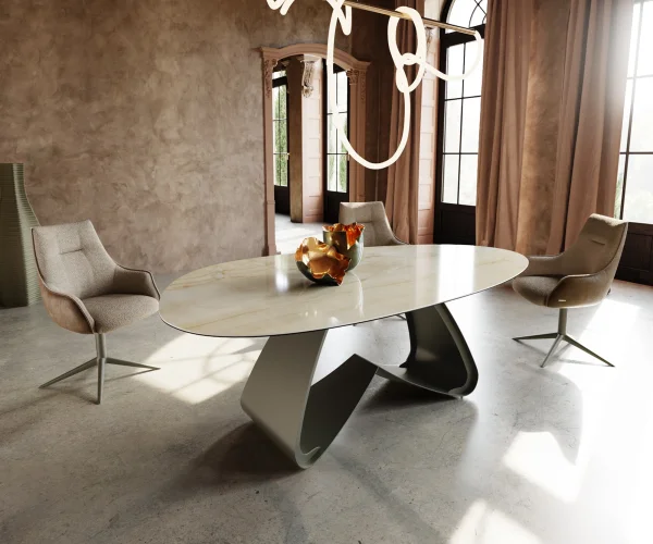 Table à manger Edge ovalee 220x120 céramique Iris FMG Onice Oro cadre en W métal effet finition titanee